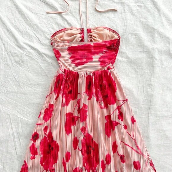 Red Boho Women's Tie Dye Floral Print Bowknot Tie-Neck Dress - Picture 2 of 5